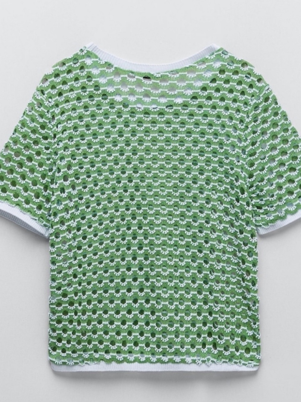Zara Green and White Open Knit Short Sleeve Sweater